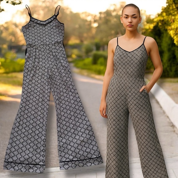 Anthropologie Monteau Jumpsuit Black & White Geometric Print Size Large - Picture 11 of 16